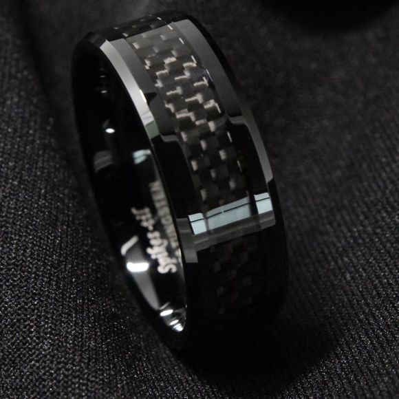 Men’s Tungsten Carbide Black Carbon Fiber Ring - Picture 2 of 6